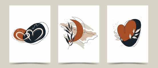 a set from a romantic postcard, a heart with a tropical leaf, the moon with an abstract branch. hand-drawn organic objects. isolated banner in . minimalism, art  boho style. for paper, print,  card