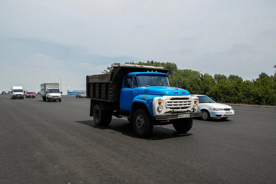 Kazakhstan, Ust-Kamenogorsk, july 7, 2021; Old soviet truck ZIL 130. City street. Traffic