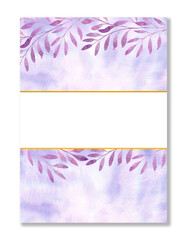 Purplewatercolor wet spots. Watercolor stains. Watercolor card with leaf invitation blank. Baner. Wedding postcard.