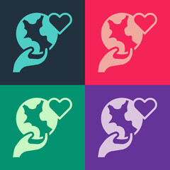 Pop art Human hand holding Earth globe icon isolated on color background. Save earth concept. Vector