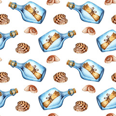 Watercolor illustration of a pattern of bottles with a message and seashells. Seamless repeating print Request for help, sea mail and clams. Isolated on white background. Drawn by hand.