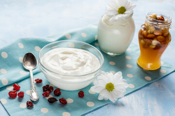 Obraz na płótnie Canvas natural yogurt and honey with nuts. Healthy natural breakfast.