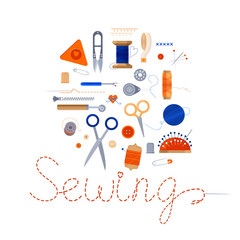 Sewing kit, sewing business. Needlework concept. Vector illustrations of sewing tools, equipment and accessories.