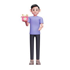 boy asking for gift exchange during valentine's celebration, boy with gift 3d character illustration