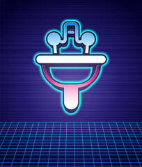 Retro style Washbasin with water tap icon isolated futuristic landscape background. 80s fashion party. Vector