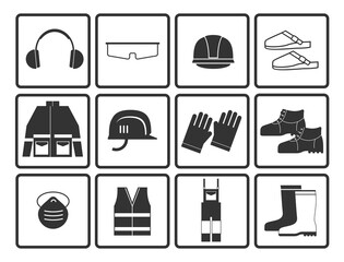 Flat job safety equipment vector icons set. Safety icon, equipment, job industrial. Vector illustration.