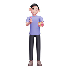 boy gives a special gift and korean love finger, boy celebrating valentine's day 3d illustration
