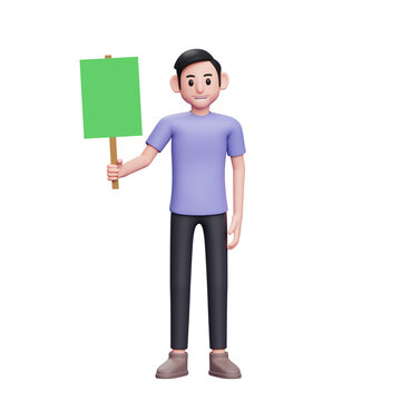 3d Character illustration Casual man standing casually holding green paper placard with right hand