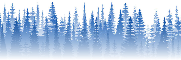 Coniferous forest in the morning haze, vector banner
