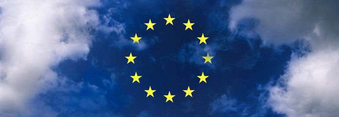 Symbol of the European Union amongst clouds. High resolution banner.