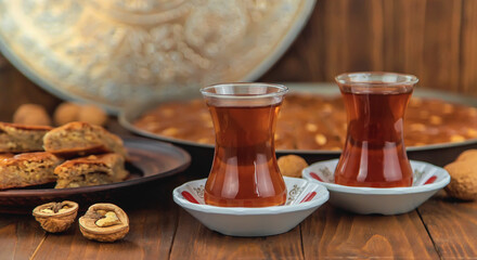 Baklava on the table and tea in Turkish glasses. Selective focus.