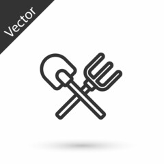 Grey line Shovel and rake icon isolated on white background. Tool for horticulture, agriculture, gardening, farming. Ground cultivator. Vector