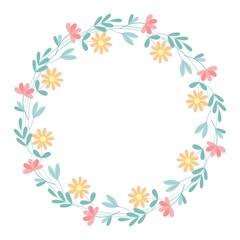 Circular floral frame. Spring botanical wreath with flowers and greenery. Rim blooming wild flowers, vector isolated illustration