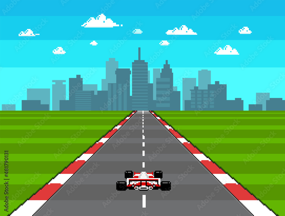 Fototapete retro video game race arcade in pixel art style vector illustration. 8-bit pixel graphics with city 
