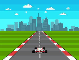 Retro video game Race Arcade in Pixel Art style vector illustration. 8-bit Pixel graphics with city background with racing track © VRTX