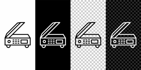 Set line Scanner icon isolated on black and white background. Scan document, paper copy, print office scanner. Vector