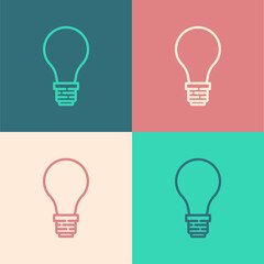 Pop art line Light bulb with concept of idea icon isolated on color background. Energy and idea symbol. Inspiration concept. Vector