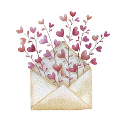 Opened envelope with branches of heart flowers. Love letter for Valentines day. - 481790798