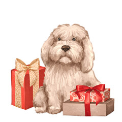 Cute fluffy dog and gift boxes. Illustration on white background.