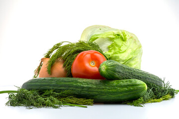 collection vegetables isolated on a white background. Tomato, cucumber, onion, dill, iceberg lettuce for a fresh, delicious, spring salad with olive oil. Selective focus, copy space