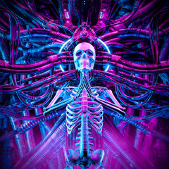 Cyberpunk digital halo skeleton - 3D illustration of science fiction praying meditating skeletal figure hardwired to complex alien machinery - 481791945