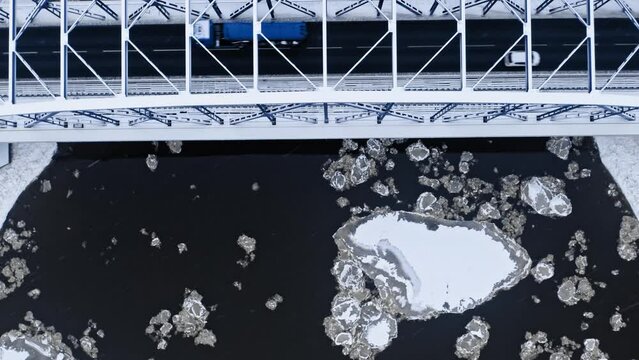 Aerial view of bridge over river with floe, aerial view