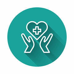 White line Heart with a cross icon isolated with long shadow background. First aid. Healthcare, medical and pharmacy sign. Green circle button. Vector