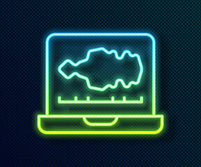 Glowing neon line Sound or audio recorder or editor software on laptop icon isolated on black background. Vector