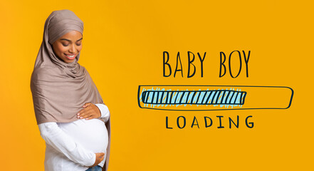 Black Muslim woman in hijab expecting child, touching her pregnant belly, collage with baby boy loading process bar