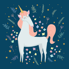 Vector illustration isolated cute unicorn among flowers in pastel colors. Fairytale concept for the decor of invitations, stickers, clothes

