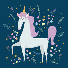Vector illustration isolated cute unicorn among flowers. Magic concept for the decor of invitations, stickers, clothes
