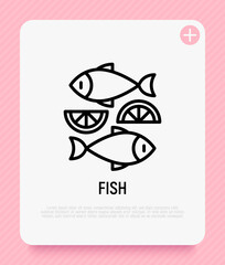 Fish dish with lemon thin line icon. Modern vector illustration for logo.