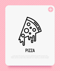 A piece of pizza with flowing down cheese. Thin line icon of fast food. Modern vector illustration.