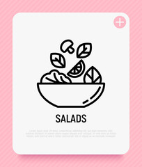 Salad in bowl thin line icon. Ingredients are falling in bowl: lemon, champignon, lettuce. Healthy food. Modern vector illustration for salad bar.