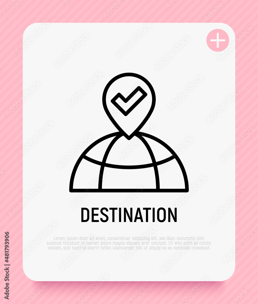 Sticker destination thin line icon: pointer on the globe. modern vector illustration.