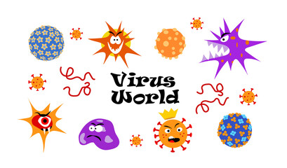 Fototapeta na wymiar Human viruses set. Viruses vector cartoon, bacteria emoticon character of bacterial infection or ilness in microbiology. Set of microbe organism emotions on white background. Vector illustration