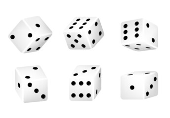 Realistic 3d rolling dice for casino gambling games set of casino craps, poker and tabletop board games Isolated white play dice cubes with black dots or pips in different positions, entertainment