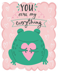 Vector illustration card valentine's day frog in love with lettering You are my everything