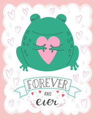 Vector illustration cute kawaii romantic frog with lettering Forever and ever . Valentine's day concept cartoon characters in love
