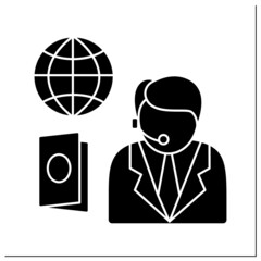 Passport service glyph icon.Consumer support day-and-night.Consultation about visas, visa-free access to additional countries.Embassy service.Filled flat sign.Isolated silhouette vector illustration