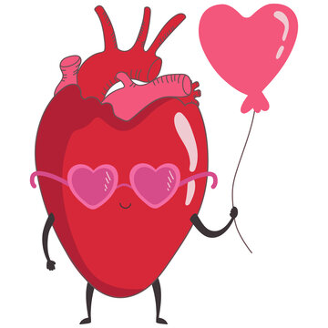 Vector illustration of a cute anatomical heart with a face in glasses and with a balloon. Valentine's day concept love character
