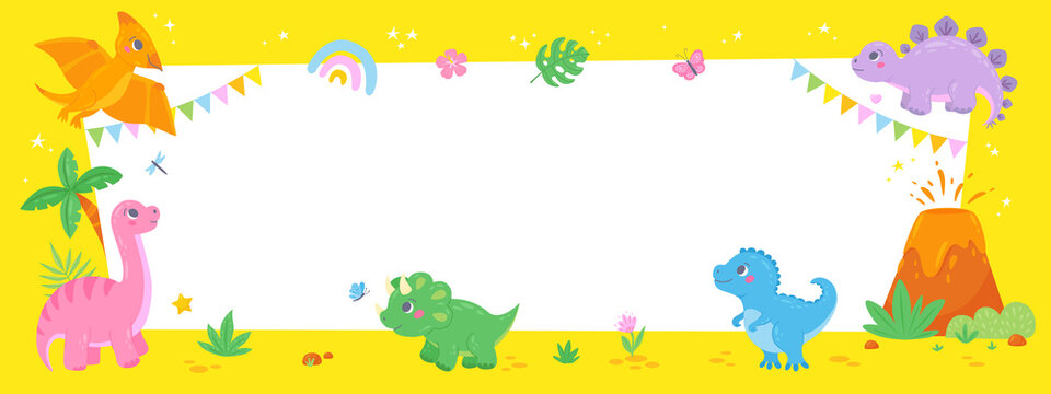 Horizontal banner with cute little dinosaurs in hand-drawn cartoon style. Funny colorful characters with volcano, palm tree, tropical leaves. Template for text or photo. Vector illustration can be