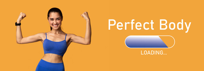 Happy young lady demonstrating her biceps muscles on orange background, collage with perfect body...