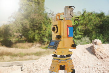 Geodetic device. Total Station Theodolite and Electronic Distance Meter. Survey tool to find the...
