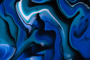 Abstract fluid art background navy blue and black colors. Liquid marble. Acrylic painting with...