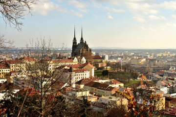Fototapeta premium Brno view from Spilberk to the Cathedral of St. Peter and Paul and the main railway station