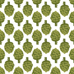 Seamless pattern with green artichoke. Print with whole and half healthy vegetables and leaves, harvesting. Delicious food for salad and cooking on white background. Vector flat illustration