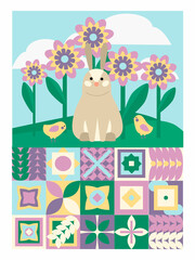 Geometric illustration with rabbit, chickens and purple flowers with neo geometry pattern. Modern geometric abstract style. Vector composition for Easter and spring