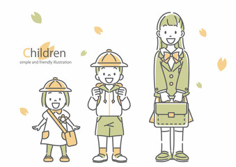 入園・入学に向かう笑顔の子供たち　シンプルでお洒落な線画イラスト