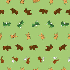 Vector Green Winter animals with fox background pattern